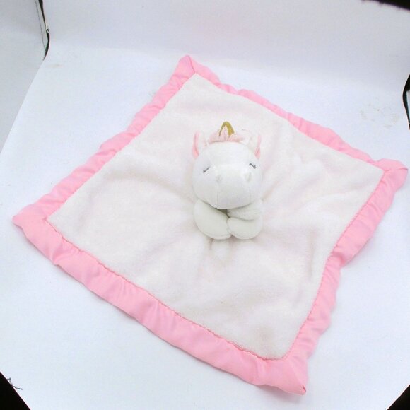 Carters Unicorn Plush Security Blanket Pink  White  Lovey Satin Trim 14x14 " - Picture 1 of 4